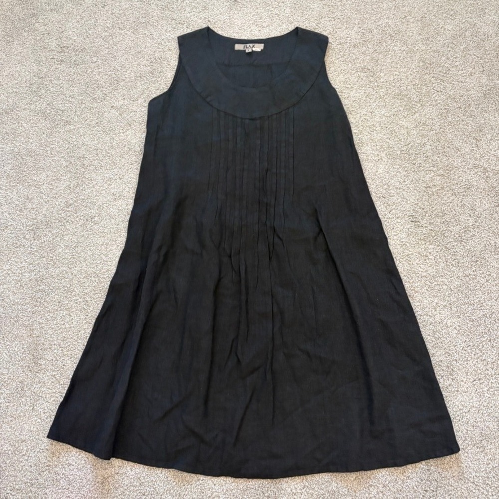 FLAX Black 100% Linen Pintuck Sleeveless Tunic Dress Small Lagenlook MInimalist